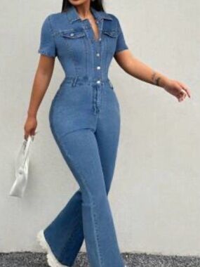 SHEIN Blue Denim Wide-Leg Jumpsuit